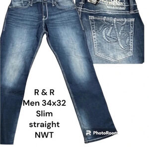 Rock& Republic jeans, men 34x32 SLIM  ,STRAIGHT,blue ,logo,denim,NWT, faded